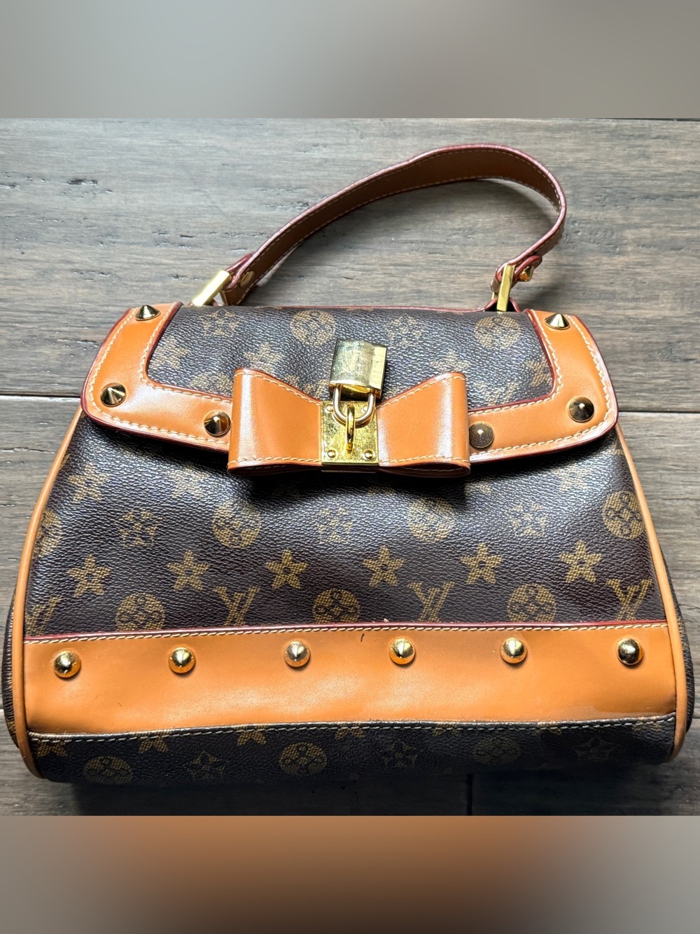 Brown Monogram Bow Accent Top Handle Bag